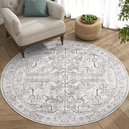 jinchan Round Rug 5ft Vintage Machine Washable Area Rug Kitchen Indoor Circle 5' Ultra-Thin Non-Slip Floral Print Carpet for Farmhouse Entryway Dining Room Living Room Bedroom Office (5'Round,Taupe)
