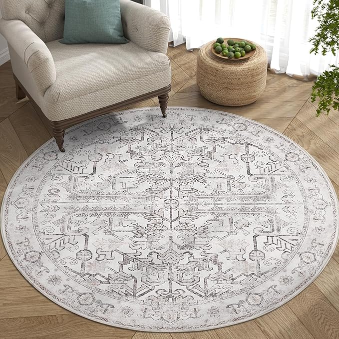 jinchan Round Rug 4ft Vintage Machine Washable Area Rug Kitchen Indoor Circle 4' Ultra-Thin Non-Slip Floral Print Carpet for Farmhouse Entryway Dining Room Living Room Bedroom Office (4'Round,Taupe)