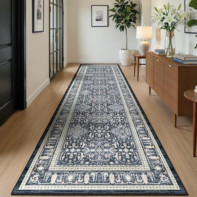 Washable Runner Rug 3x10, Transitional Moroccan Floral Trellis Hallway Runner for Kitchen Floor Non Slip, Low Pile Thin Long Carpet Runner for Entryway Corridor Mudroom Foyer, Dark Blue