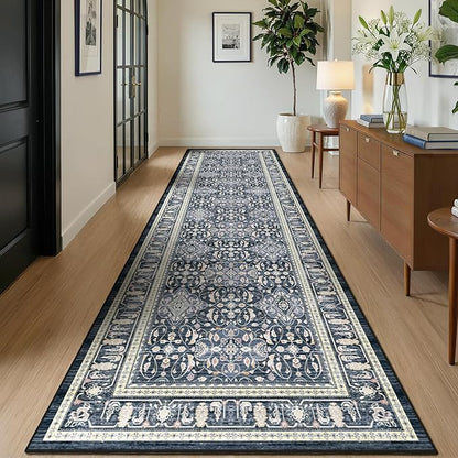 Washable Runner Rug 3x10, Transitional Moroccan Floral Trellis Hallway Runner for Kitchen Floor Non Slip, Low Pile Thin Long Carpet Runner for Entryway Corridor Mudroom Foyer, Dark Blue