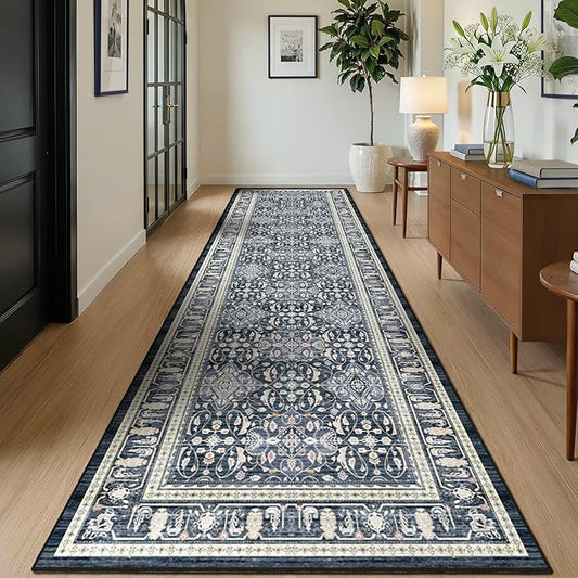 Washable Runner Rug 3x10, Transitional Moroccan Floral Trellis Hallway Runner for Kitchen Floor Non Slip, Low Pile Thin Long Carpet Runner for Entryway Corridor Mudroom Foyer, Dark Blue