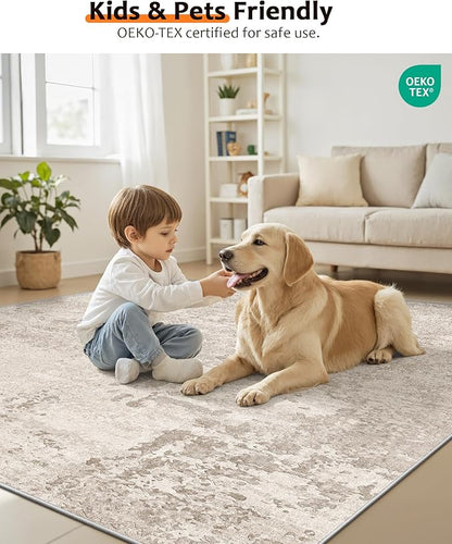 Art&Tuft Washable Rugs 6x9, Abstract Area Rugs for Living Room - Non Slip and Low Pile Soft Thin 6x9 Rug for Bedroom, Dining Room, Kitchen, Office, Beige