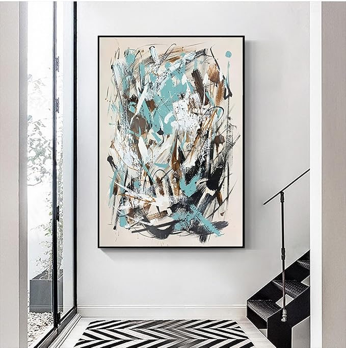 Hand Painted Blue and Black Abstract Oil Painting For Bedroom,Frame Large Wall Art for Office, Modern 3D Artwork For Living Room Home and Office Wall Décor Ready to Hand 28" x 40"