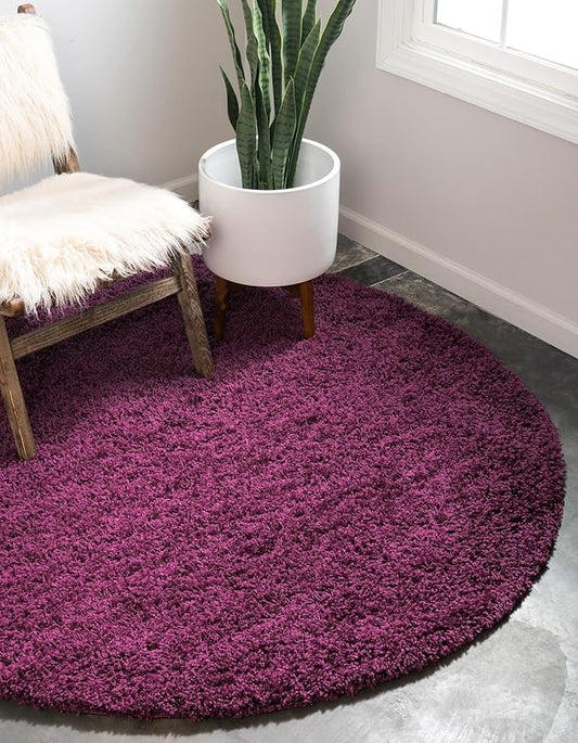Unique Loom Solid Shag Collection Area Rug (7' 1" Round, Eggplant Purple)