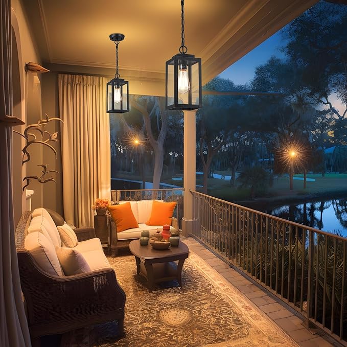 11'' Outdoor Pendant Light, Modern Outside Chandelier Outdoor Hanging Lantern Light, Matte Black with Clear Glass, Exterior Pendant Lighting Fixture for Porch, Yard, Gazebo, 1Pack