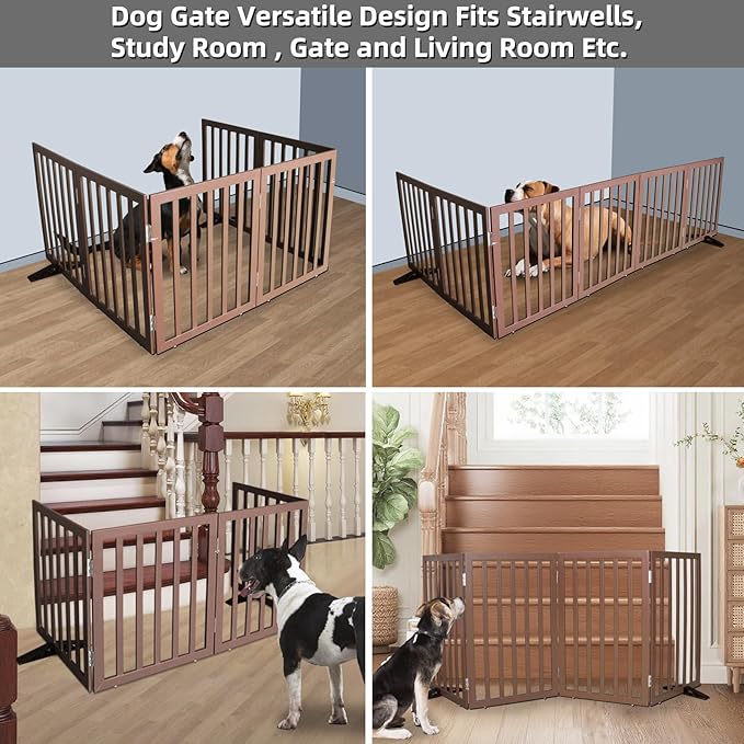 Dog Gate Indoor, Freestanding Dog Fence for The House, Doorways, Hallways,or Stairs,Pet Gate Foldable Wooden,Expandable 32" Height 6 Panels,Brown