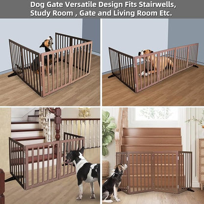 Dog Gate Indoor, Freestanding Dog Fence for The House, Doorways, Hallways,or Stairs,Pet Gate Foldable Wooden,Expandable 24" Height 6 Panels,Brown