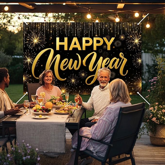 Happy New Year Backdrop Black and Gold Fireworks Banner Glitter Photography Background 71x43 Inches Indoor Outdoor Party Decoration New Year Eve Celebration Supplies