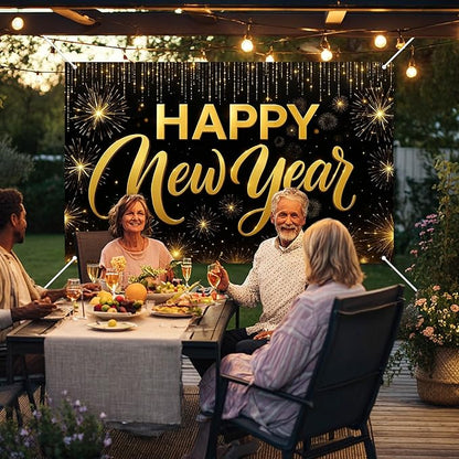 Happy New Year Backdrop Black and Gold Fireworks Banner Glitter Photography Background 71x43 Inches Indoor Outdoor Party Decoration New Year Eve Celebration Supplies