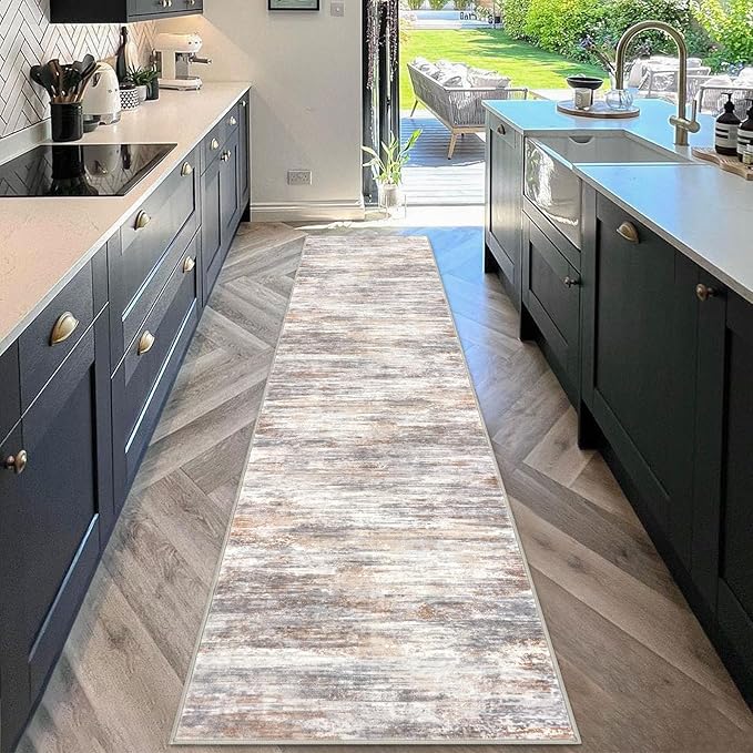 KOZYFLY Modern Abstract Runners for Hallways 2x10 Washable Rug Runner Non-Slip Soft Striped Kitchen Runner Rug, Multi Grey Print Carpet for Entryway Bathroom Laundry Room Foyer