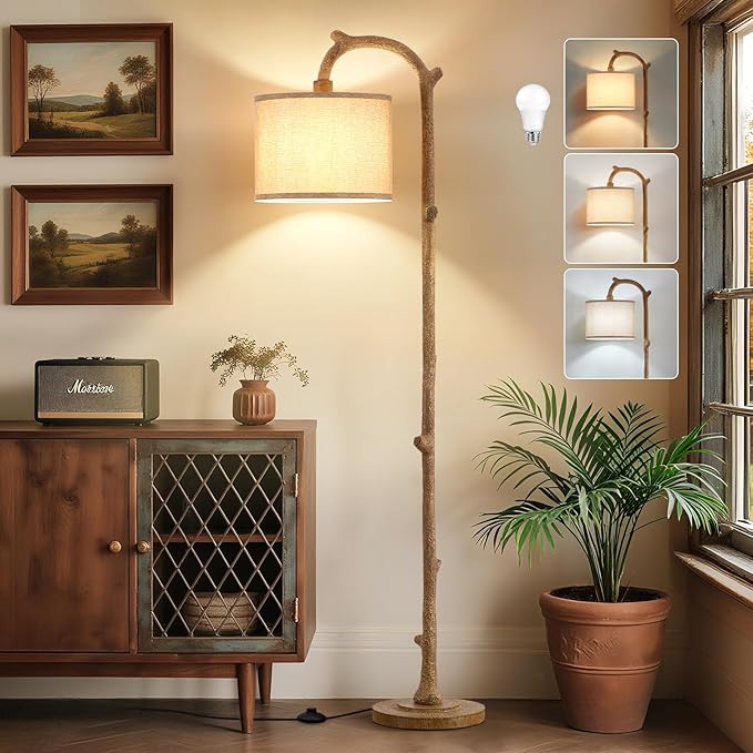 Floor Lamp for Bedroom - 69" Rustic Farmhouse Tall Lamp with 3 Color Temperatures- Country Resin Vintage Reading Light Standing Lamps for Living Room Office Classroom Home Decor, Bulbs, Brown