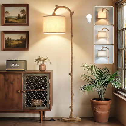 Floor Lamp for Bedroom - 69" Rustic Farmhouse Tall Lamp with 3 Color Temperatures- Country Resin Vintage Reading Light Standing Lamps for Living Room Office Classroom Home Decor, Bulbs, Brown