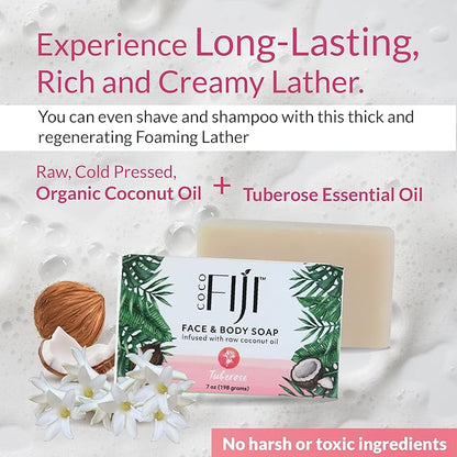 Coco Fiji Soap Bar for Face and Body Infused With Organic Coconut Oil, Tuberose, Essential Oil, Natural Soap for Moisturizing & Pore Purifying Skin, 7 oz,Pack of 3