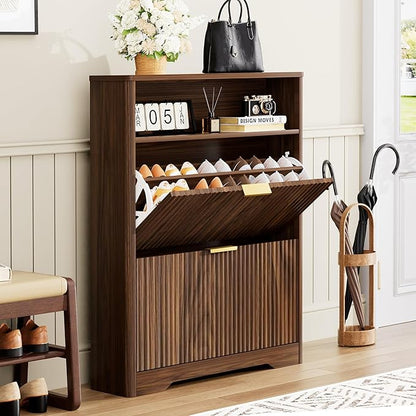 Rainbow Home Oregon Shoe Storage Cabinet, 31.6" W Narrow Fluted Design with 2 Flip Drawers, Walnut Freestanding Organizer for Entryway, Foyer, Hallway | Mid Century Modern (2 Flip Drawers)