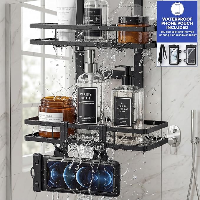Over the Door Shower Caddy Hanging, Rustproof Shower Shelves with Waterproof Phone Pouch, 3-Tier Adjustable Bathroom Organizers and Storage, No Drilling Shower Shelf, Black Shampoo Soap Holder
