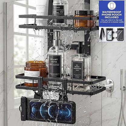 Over the Door Shower Caddy Hanging, Rustproof Shower Shelves with Waterproof Phone Pouch, 3-Tier Adjustable Bathroom Organizers and Storage, No Drilling Shower Shelf, Black Shampoo Soap Holder