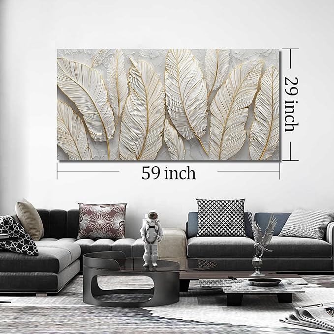 JuhaiArt White Picture Art Feather Canvas Wall Art Bedroom Gold Wall Decorations Art for Living Room Home Office 29" x 59" Artwork Prints