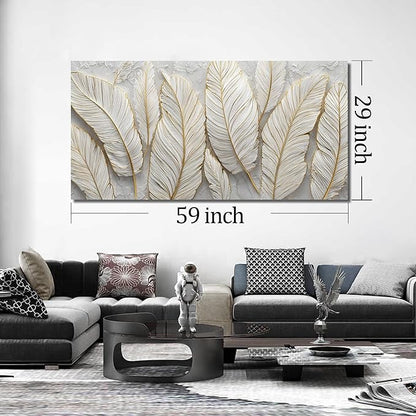 JuhaiArt White Picture Art Feather Canvas Wall Art Bedroom Gold Wall Decorations Art for Living Room Home Office 29" x 59" Artwork Prints