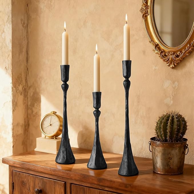 Vintage Cast Iron Black Taper Candle Holders Set of 3 Antique Decorative Candlestick Holder for Wedding Dining Table Party Rustic Home Decor