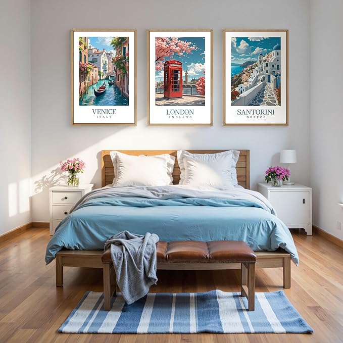 HLNIUC Italy Coast Wall Art Framed, Blue Europe Cityscape Italian Wall Decor set of 3 (16"x24"), Venice London Santorini Travel Landmark Beach Canvas Painting for Living Room, Bedroom, Office