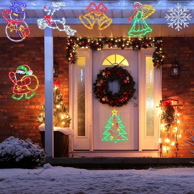 Christmas Decorations - 16" Christmas Window Silhouette Lights - 4 Pack Colour Lighted Santa & Bell & Reindeer & Christmas Tree for Holiday Indoor and Outdoor Wall Door Window Decorate