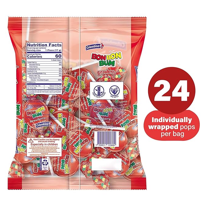 Colombina Bon Bon Bum Lollipops w/Bubble Gum Center, Strawberry Flavor, Individually Wrapped, Ideal for Party Favors and Gifts, 2 Pack (24 Count)