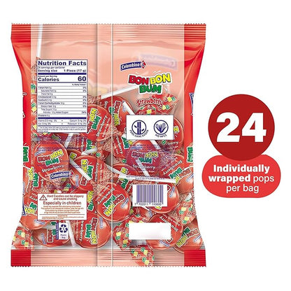 Colombina Bon Bon Bum Lollipops w/Bubble Gum Center, Strawberry Flavor, Individually Wrapped, Ideal for Party Favors and Gifts, 2 Pack (24 Count)