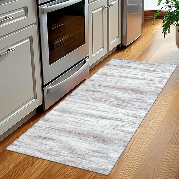 KOZYFLY Modern Abstract Kitchen Runner Rug, 2x5 Washable Rug Runner Non-Slip Soft Striped Hallway Runner Rugs, Beige Print Carpet Runner for Entryway Bathroom Laundry Room Foyer