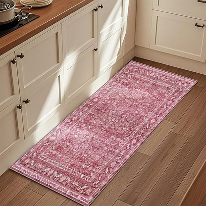 OPPODREAM Thin Vintage Hot Pink 2x6 Runner Rug, 2 x 6 Retro Washable Rug Non Slip, Low-Pile Faux Wool Carpet, Distressed Floor Mat for Kitchen, Hallway, Entry-Way, Entrance, Indoor Back Door