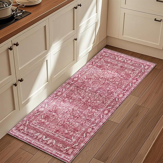 OPPODREAM Thin Vintage Hot Pink 2x6 Runner Rug, 2 x 6 Retro Washable Rug Non Slip, Low-Pile Faux Wool Carpet, Distressed Floor Mat for Kitchen, Hallway, Entry-Way, Entrance, Indoor Back Door