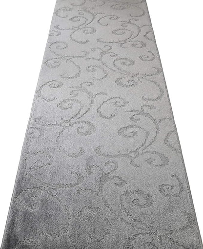 Custom Cut Hallway Runner Rug, Slip Resistant, 31 Inch Wide X Your Choice of Length, Scroll Grey, 31 Inch X 32 feet