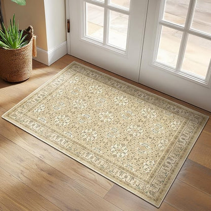 Warm Beige Small 2x3 Rug, Boho Floral Moroccan Printed Door Rugs for Entryway Indoor, Washable Non Slip Low Pile Thin Soft Door Mat Indoor Entrance for Kitchen Bathroom Laundry Room Bedside
