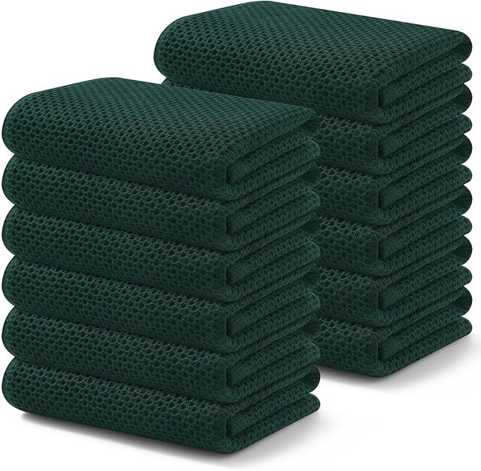 Kitinjoy 100% Cotton Waffle Weave Kitchen Towels, 12-Pack Super Soft and Absorbent Dish Towels for Drying Dishes, Kitchen Hand Towels, 13 in x 28 in, Blackish Green