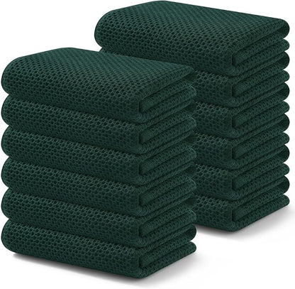 Kitinjoy 100% Cotton Waffle Weave Kitchen Towels, 12-Pack Super Soft and Absorbent Dish Towels for Drying Dishes, Kitchen Hand Towels, 13 in x 28 in, Blackish Green