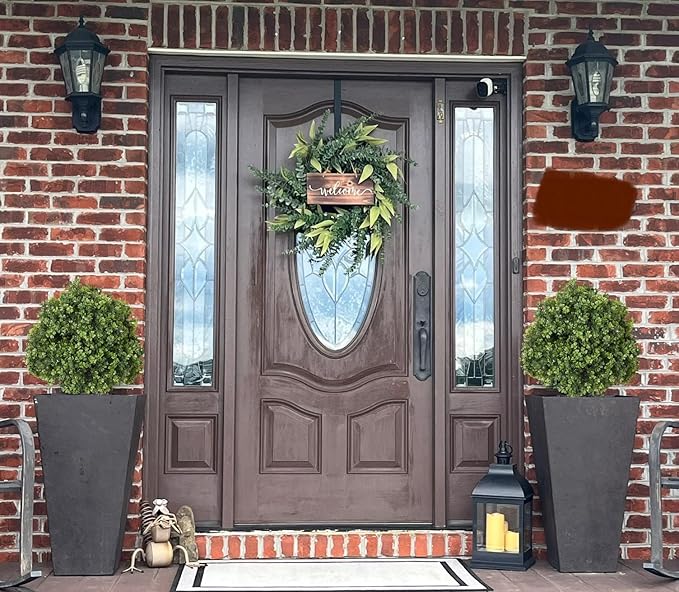 THE BLOOM TIMES 2ft Faux Boxwood Plants Outdoor Set of 2, 24" UV-Resistant Artificial Evergreen Topiary Ball, Fake Potted Greenery Shrubs & Bushes for Front Porch Planter, Patio Outside Decor