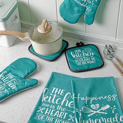 Sratte 6 Pcs Kitchen Decor Accessories Set Farmhouse Towels Pot Holders Oven Mitts Set 2 Dish Towels 2 Potholders 2 Cooking Mittens Oven Glove for Christmas Baking Cooking Supply(Teal,Kitchen)