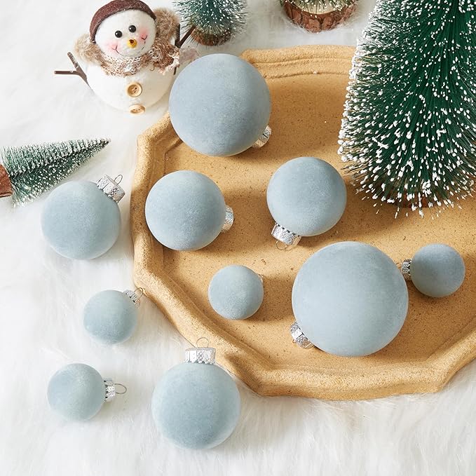 Velvet Christmas Ball Ornaments Set-46pcs Flocked Shatterproof Christmas Tree Decorations Plastic Xmas Decorative Hanging Ornaments for Xmas Holiday Home Decor,3 Sizes(Gray Blue)
