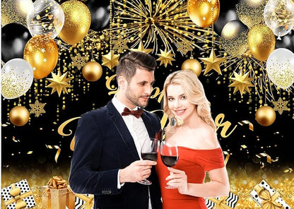 CHAIYA 8x6ft 2026 Happy New Year Backdrop Black and Gold Photography Background New Year Eve Party Decoration SNew Year Holiday Party Banner