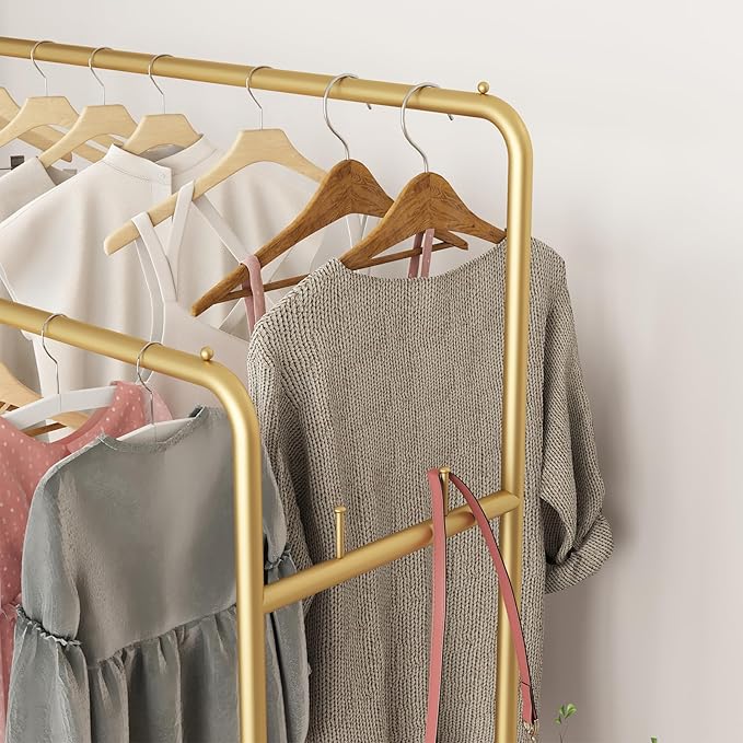 Double Rod Clothing Garment Rack, Heavy Duty Metal Rolling Clothes Rack with Wheels with 4 Fixed Hooks, Multi-Functional Bedroom Organizer Hanging Clothes, Gold
