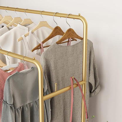 Double Rod Clothing Garment Rack, Heavy Duty Metal Rolling Clothes Rack with Wheels with 4 Fixed Hooks, Multi-Functional Bedroom Organizer Hanging Clothes, Gold