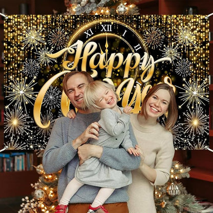 Gold Happy New Year Banner Backdrop Gold Clock Fireworks 2026 Happy New Year Decorations Sparkling Backdrop for NYE Party 2026 Countdown Decor 5.9×3.6 Ft (Polyester)