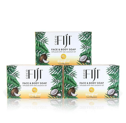 Coco Fiji Soap Bar for Face and Body Infused With Organic Coconut Oil, Grapefruit, Essential Oil, Natural Soap for Moisturizing & Pore Purifying Skin, 7 oz,Pack of 3