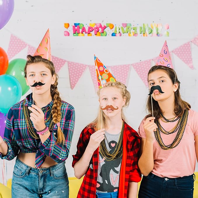 YAXINRUI 144 PCS Gold Black New Year Necklaces, New Year Bead Party Favors, Happy New Year Necklace, 33‘’ Gold Black Beaded Necklaces for 2026 New Years Eve Christmas Halloween Festive Events