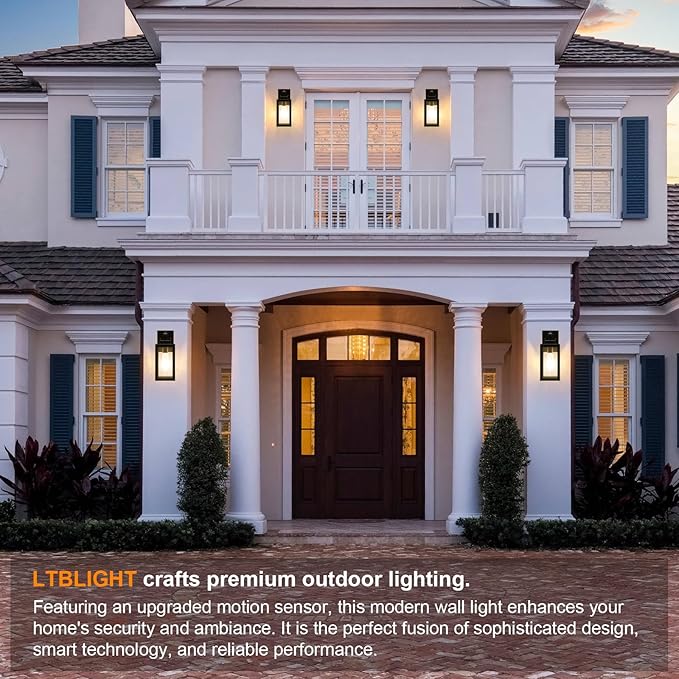 2-Pack Motion Sensor Outdoor Porch Lights, Vintage Black-Gold Dusk to Dawn Exterior Lighting Fixtures, Waterproof Wall Sconces with 3 Modes for House, Yard, Garage, Garden