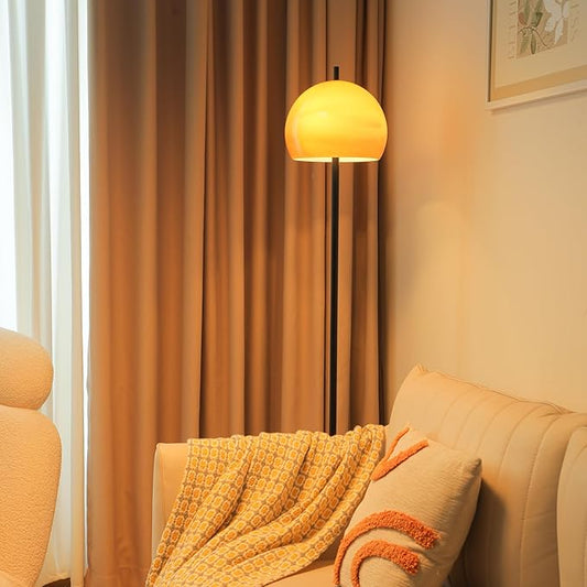 Mid Century Floor Lamp, Mushroom Retro Floor Lamp with Orange Bell Glass Shade and Black Marble Base, Modern Standing Tall Lamp for Living Room, Bedroom, Home Office Deco