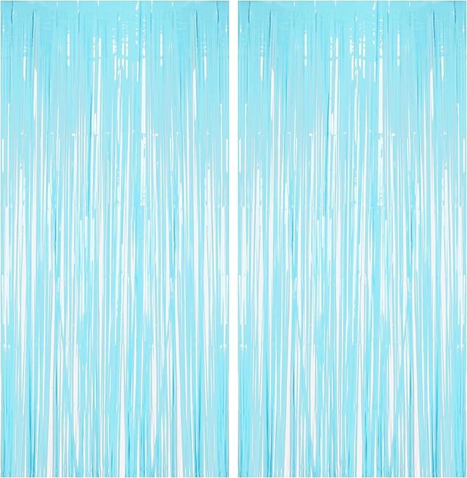 BRAVESHINE Foil Fringe Curtains Backdrop - 2Pcs Pastel Blue Streamers Tinsel Backdrop for Christmas/Winter’s Snowflake/Frozen/Boy/Under Sea/Shark/Mermaid/Bachelorette/Birthdays Party Decorations