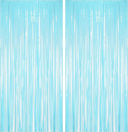 BRAVESHINE Foil Fringe Curtains Backdrop - 2Pcs Pastel Blue Streamers Tinsel Backdrop for Christmas/Winter’s Snowflake/Frozen/Boy/Under Sea/Shark/Mermaid/Bachelorette/Birthdays Party Decorations