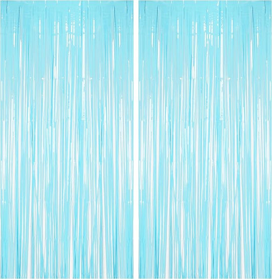 BRAVESHINE Foil Fringe Curtains Backdrop - 2Pcs Pastel Blue Streamers Tinsel Backdrop for Christmas/Winter’s Snowflake/Frozen/Boy/Under Sea/Shark/Mermaid/Bachelorette/Birthdays Party Decorations