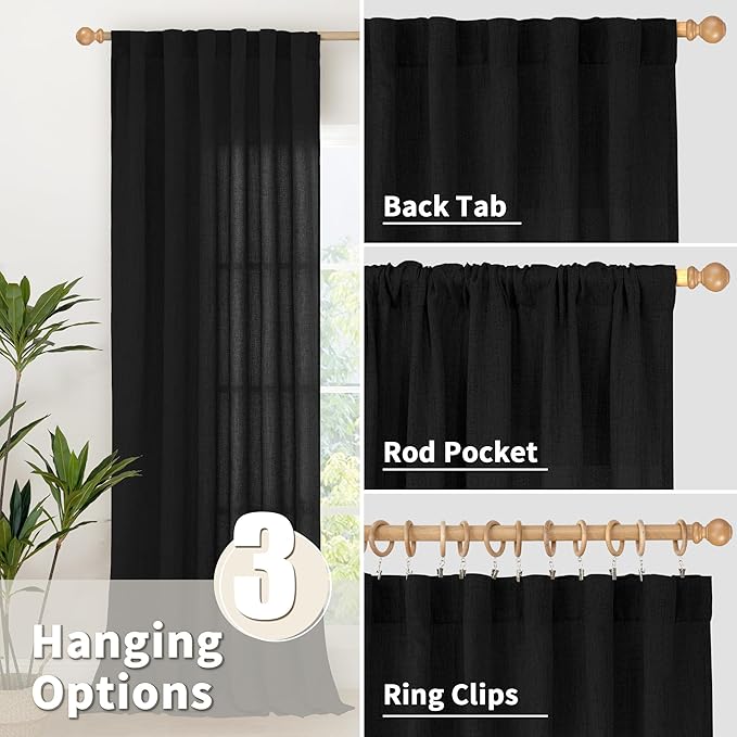 YoungsTex Black Linen Curtains 63 inch Length 2 Panels for Living Room, Light Filtering Semi Sheer Drapes with Back Tab and Rod Pocket Gothic Decorative for Bedroom, 52 X 63 Inch