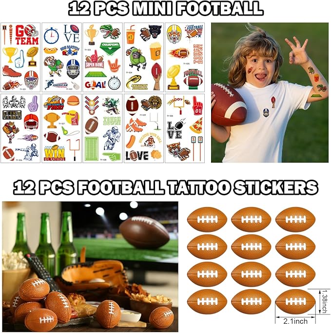 122 Pcs Football Party Favors Drawstring Bags Football Goodie Bag with Mini Ball, Wristband, Slap bracelets, Keychains, Stickers,Tattoo Stickers for Football Themed Party Supplies